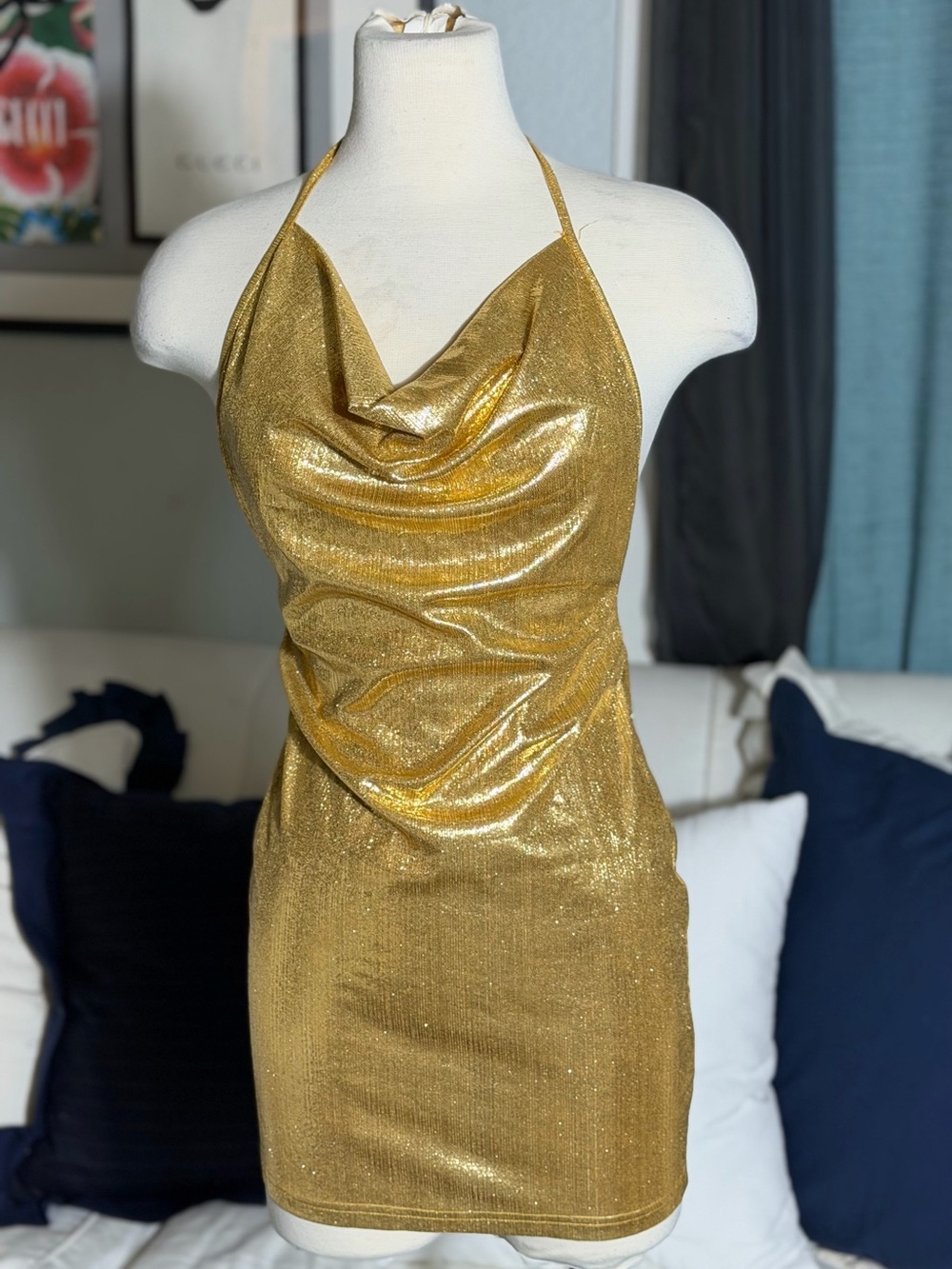 Gold Shimmer Backless Halter Mini Dress
